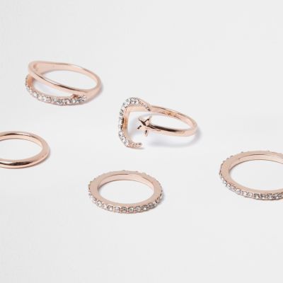 Rose gold tone moon ring pack
